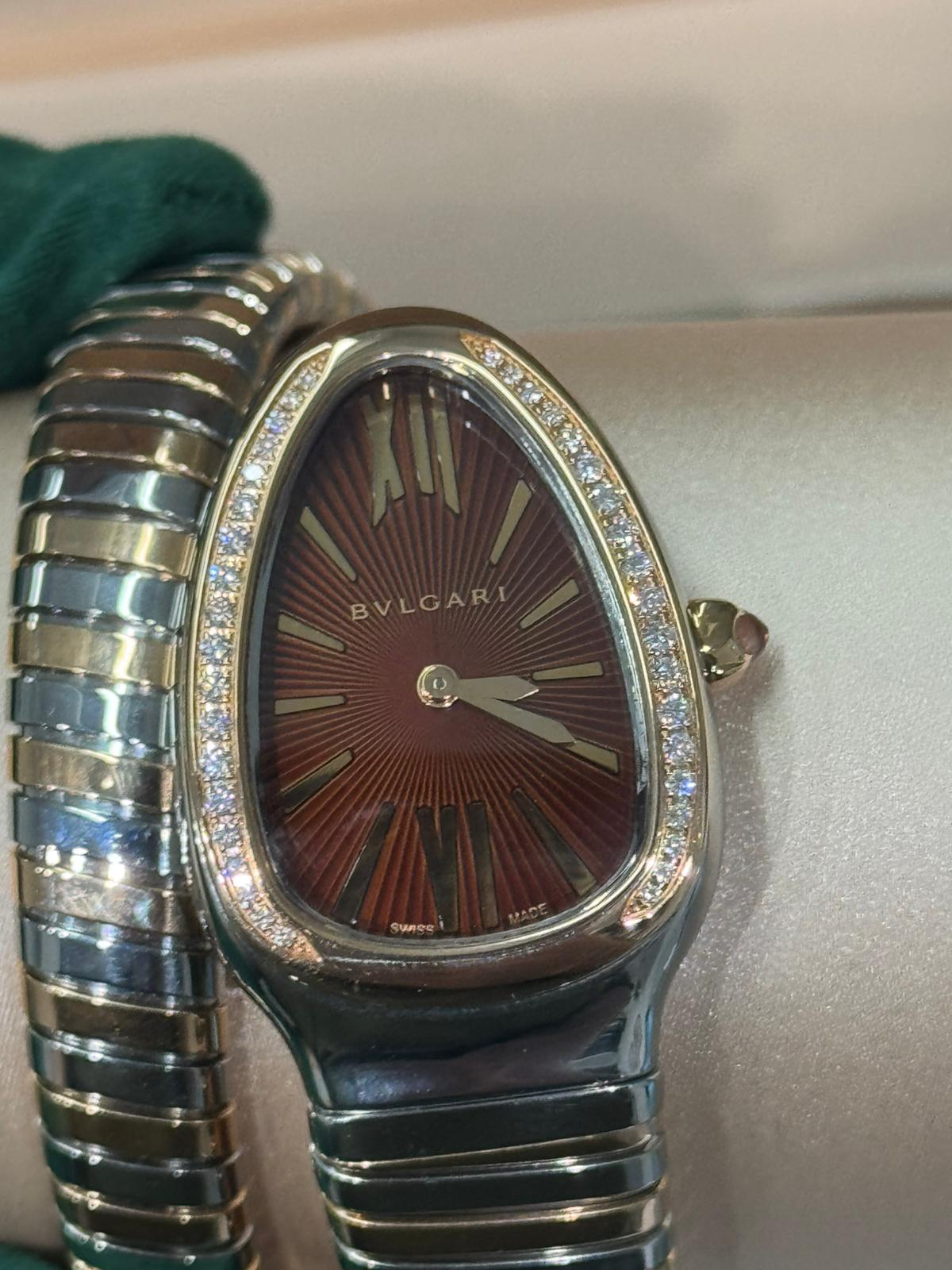 Bvlgari Serpenti Tubogas - 35 MM - Stainless Steel and Rose Gold - Brown Dial - Diamond Bezel - 103071