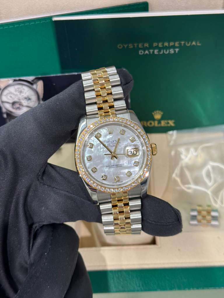 Rolex Stainless Steel And Yellow Gold Datejust - 36 MM - Jubilee Bracelet - Diamond Bezel - White Mother of Pearl Diamond Dial - 116243-0018