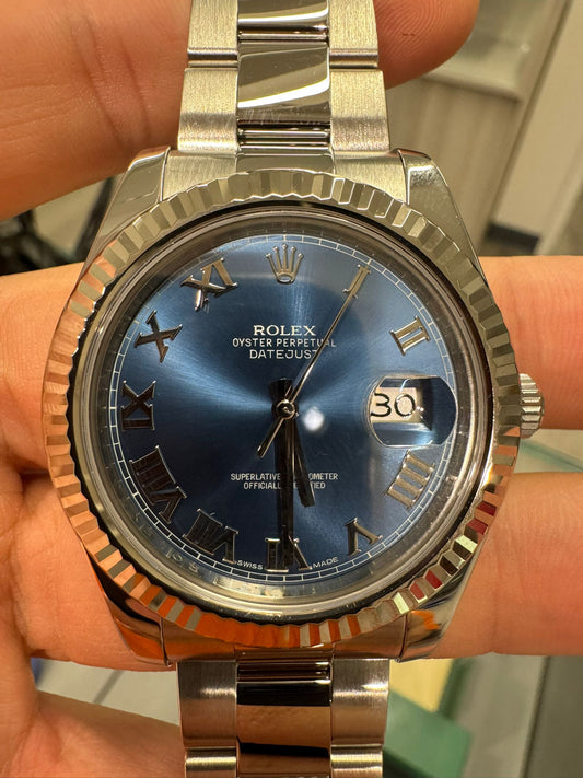Rolex Stainless Steel and White Gold Datejust 41 Date Watch - 41 MM - Oyster Bracelet - Fluted Bezel - Blue Roman Dial - 116334-0004