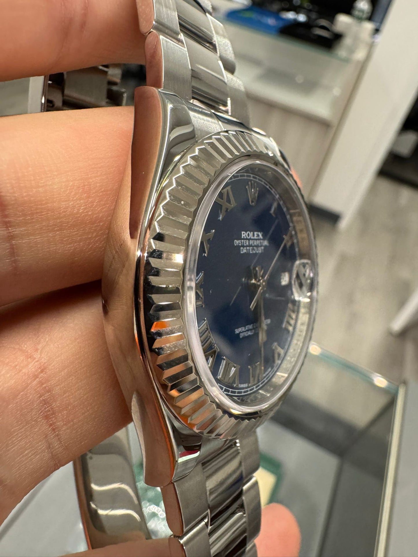 Rolex Stainless Steel and White Gold Datejust 41 Date Watch - 41 MM - Oyster Bracelet - Fluted Bezel - Blue Roman Dial - 116334-0004