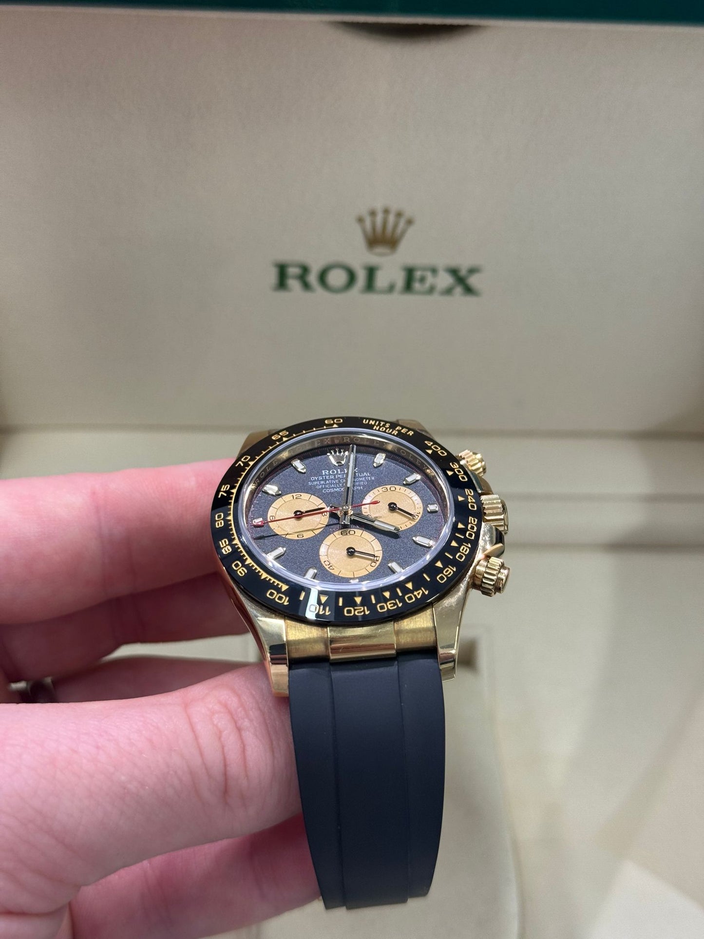 Rolex Yellow Gold Daytona Watch - 40 MM - Oysterflex Strap - Black Dial - 116518LN bkchof