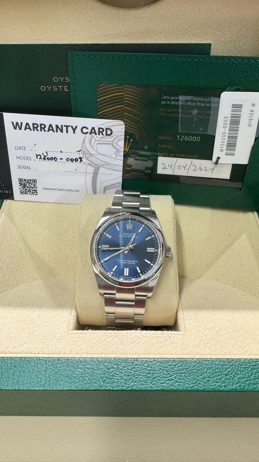 Rolex Stainless Steel Oyster Perpetual no date Watch - 36 MM - Oyster Bracelet - Blue Dial - 126000 bluio