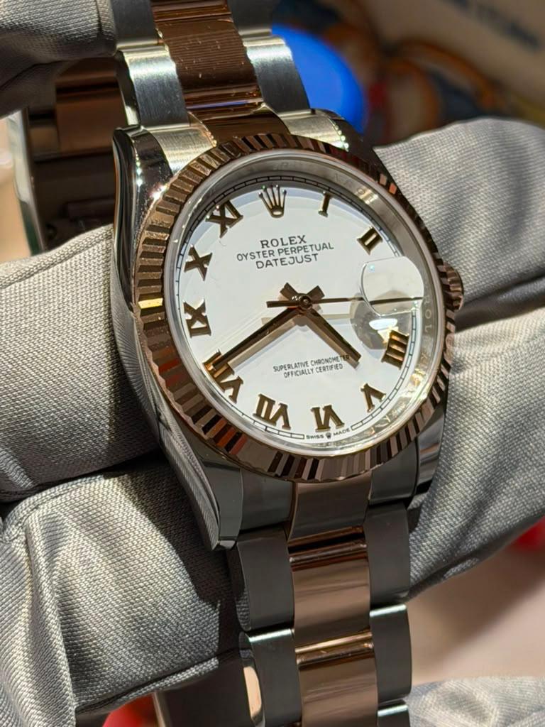 Rolex Stainless Steel And Pink Gold Datejust - 36 MM - Oyster Bracelet - Fluted Bezel - White Roman Dial - 126231-0016