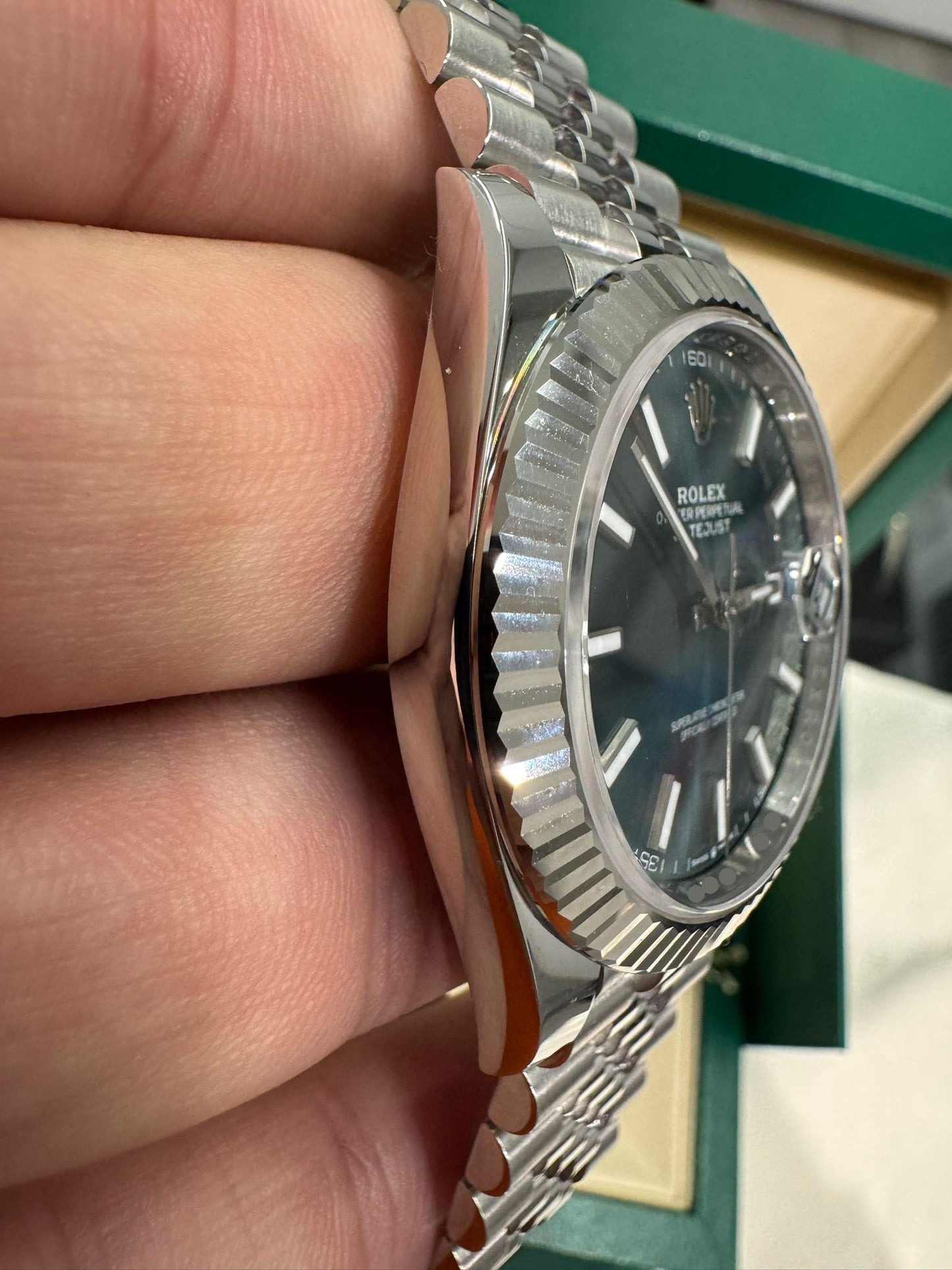 Rolex Stainless Steel and White Gold Datejust 41 Date Watch - 41 MM - Jubilee Bracelet - Fluted Bezel - Green Dial - 126334 mgij