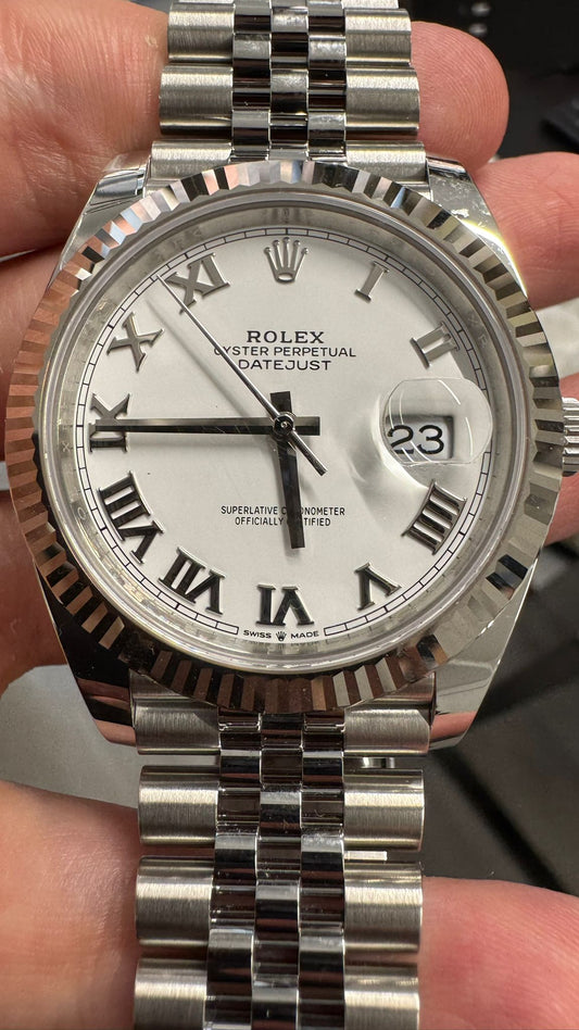 Rolex Stainless Steel and White Gold Datejust 41 Date Watch - 41 MM - Jubilee Bracelet - Fluted Bezel - White Roman Dial - 126334 wrj