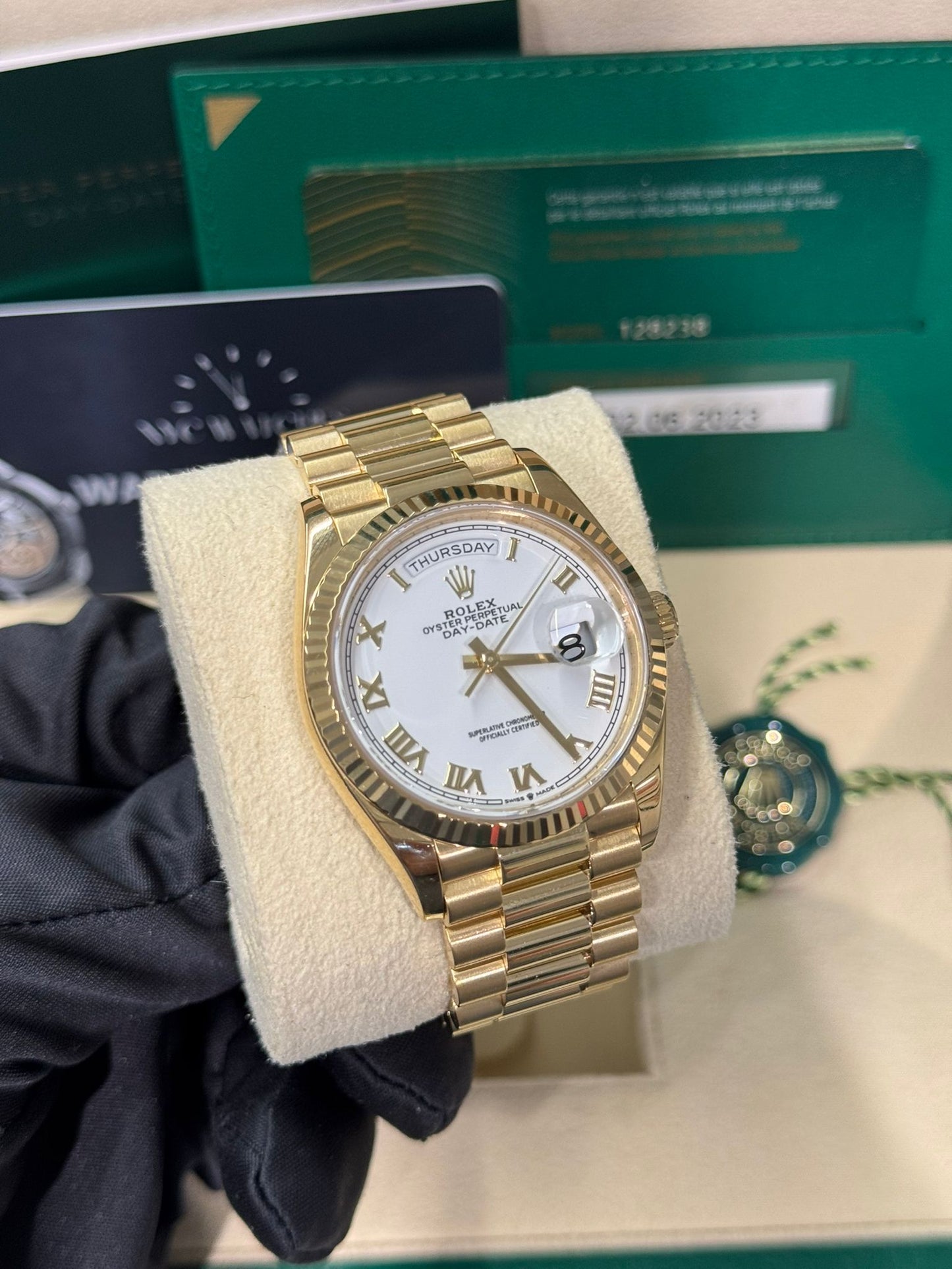 Rolex Day-Date - 36 MM - Yellow Gold - White Roman Dial - 128238 wrp