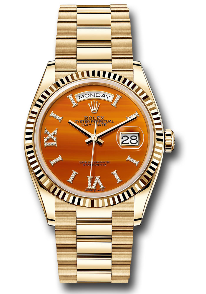 Rolex Day-Date - 36 MM - Yellow Gold - Orange Roman Dial - 128238 cardidrp nyc watcher nyc watches