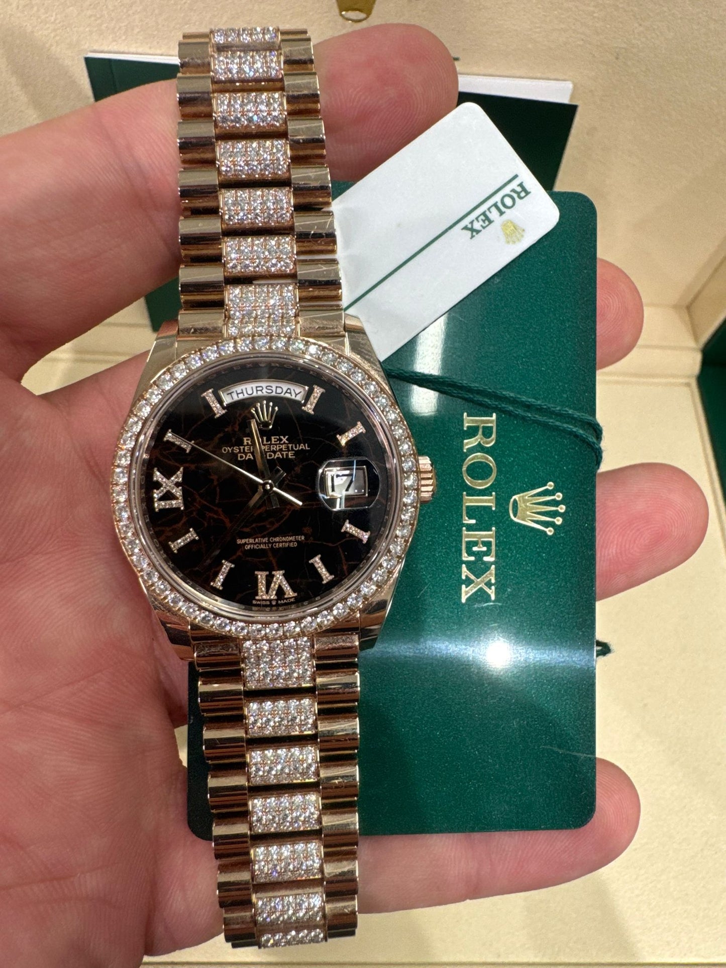 Rolex Day-Date - 36 MM - Rose Gold - Eisenkiesel Diamond Dial - Diamond Bezel - Diamond President Bracelet - 128345RBR-0045
