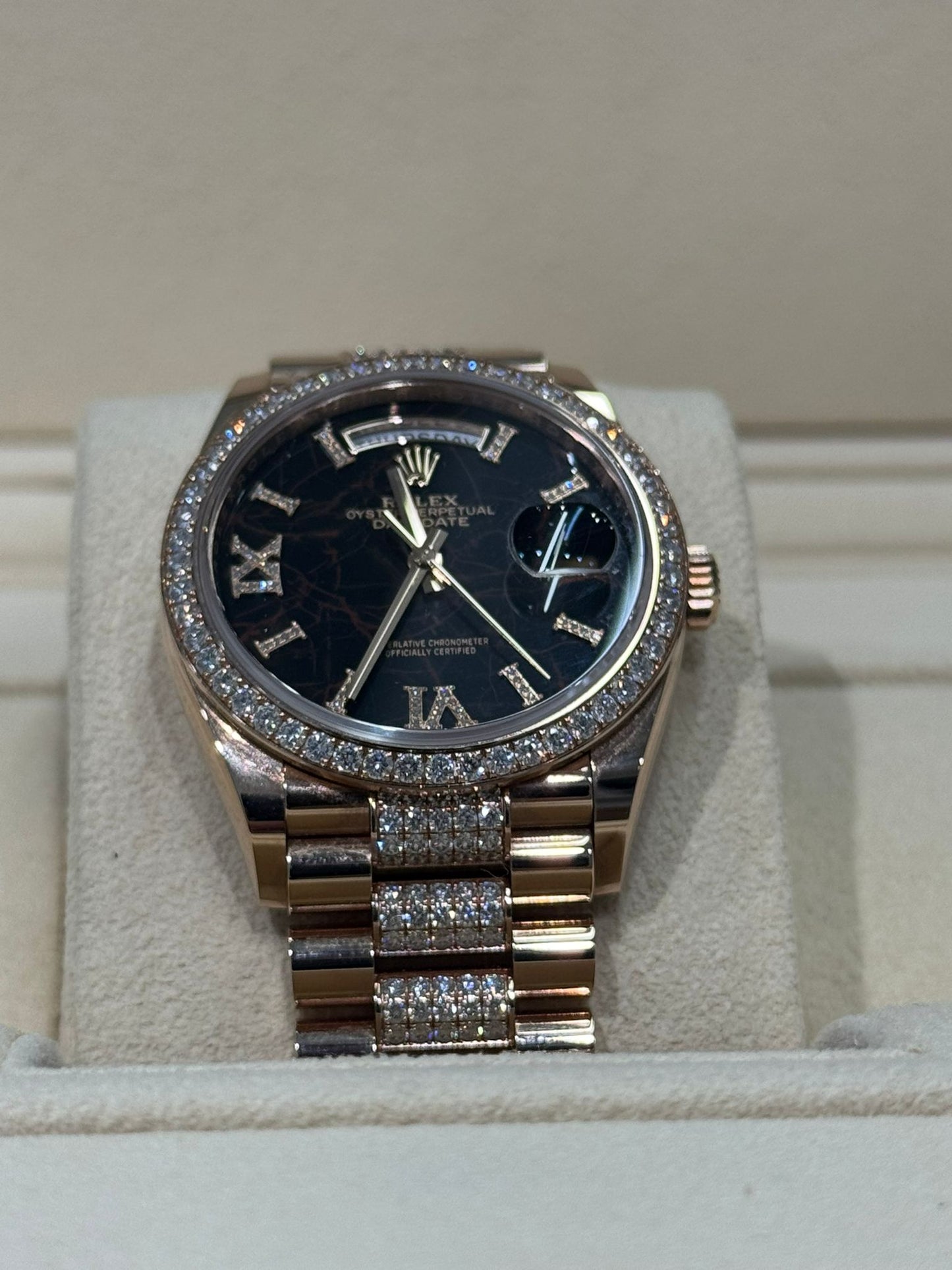Rolex Day-Date - 36 MM - Rose Gold - Eisenkiesel Diamond Dial - Diamond Bezel - Diamond President Bracelet - 128345RBR-0045