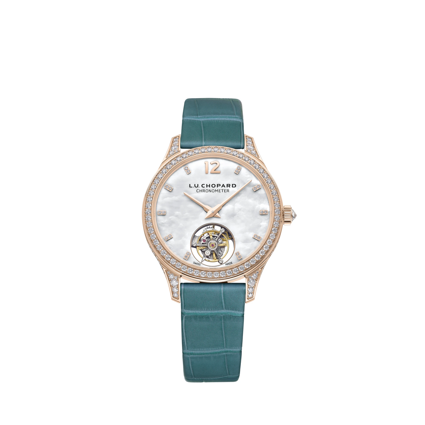 Chopard L.U.C Rose Gold 35 MM - Turquoise Leather Strap - Diamond Bezel - Mother-of-pearl Sapphire Crystal Dial - 131981-5001
