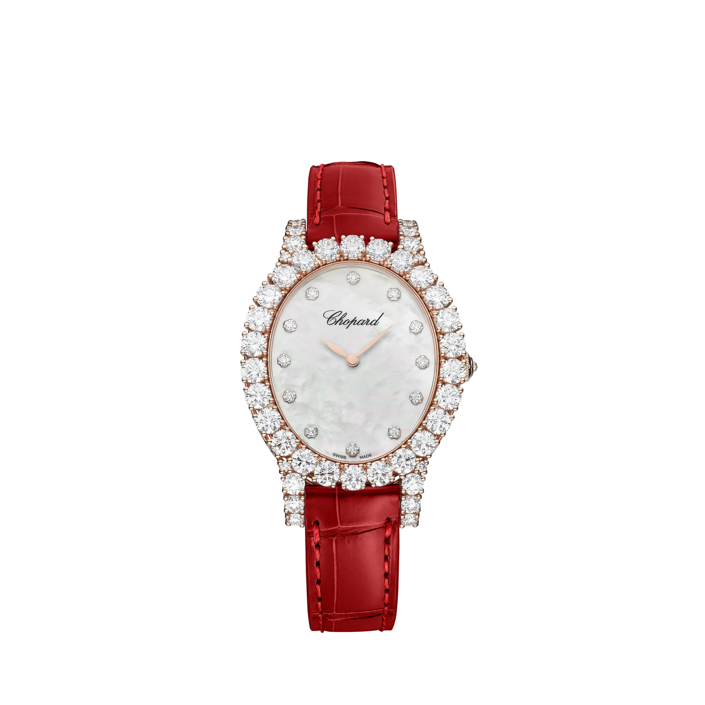 Chopard L'Heure Du Diamant Rose Gold 40 MM - Red Leather Strap - Diamond Bezel - Mother-Of-Pearl Dial - 139383-5223