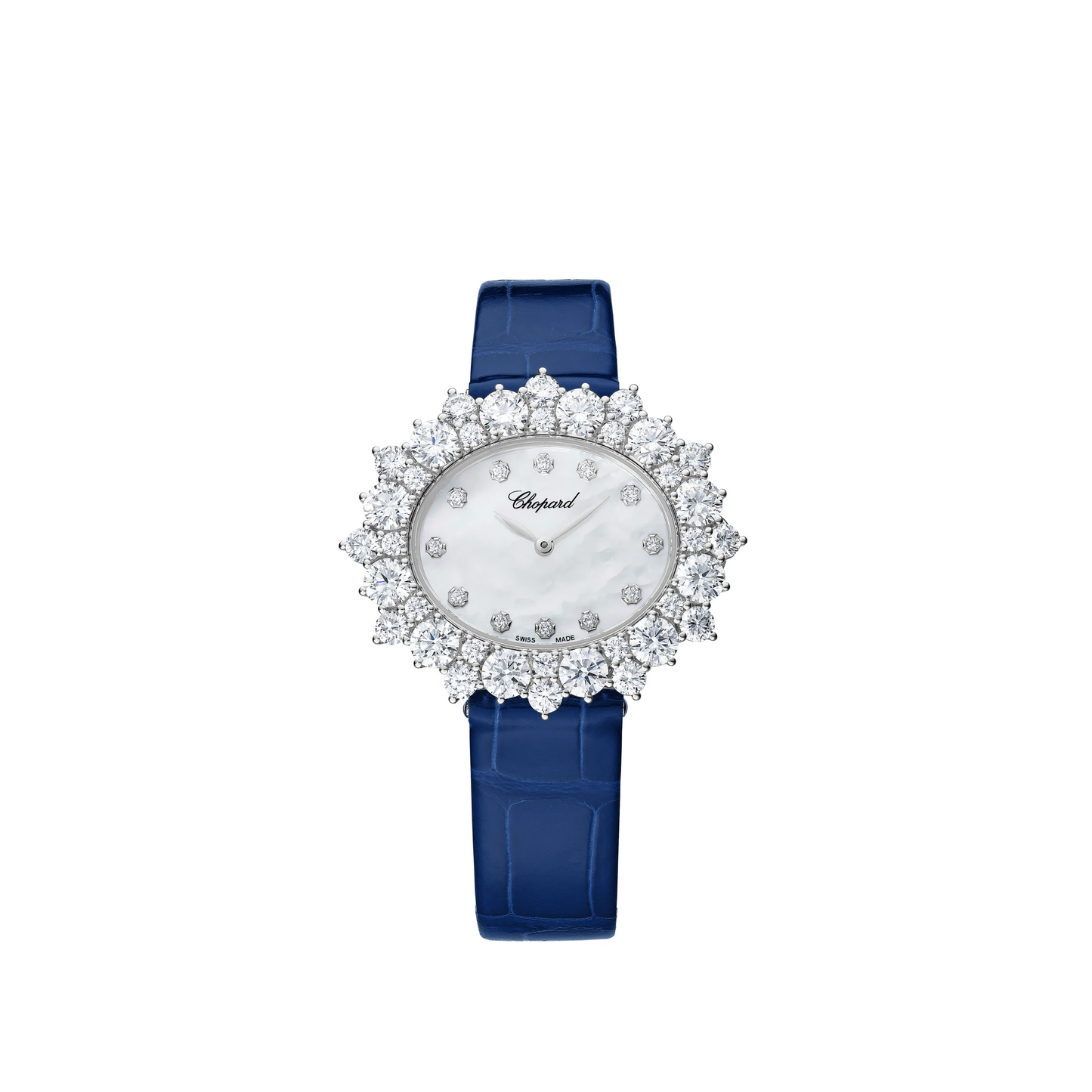 Chopard L'Heure Du Diamant White Gold 36 MM - Blue Leather Strap - Diamond Bezel - Mother-Of-Pearl Dial - 13A390-1100