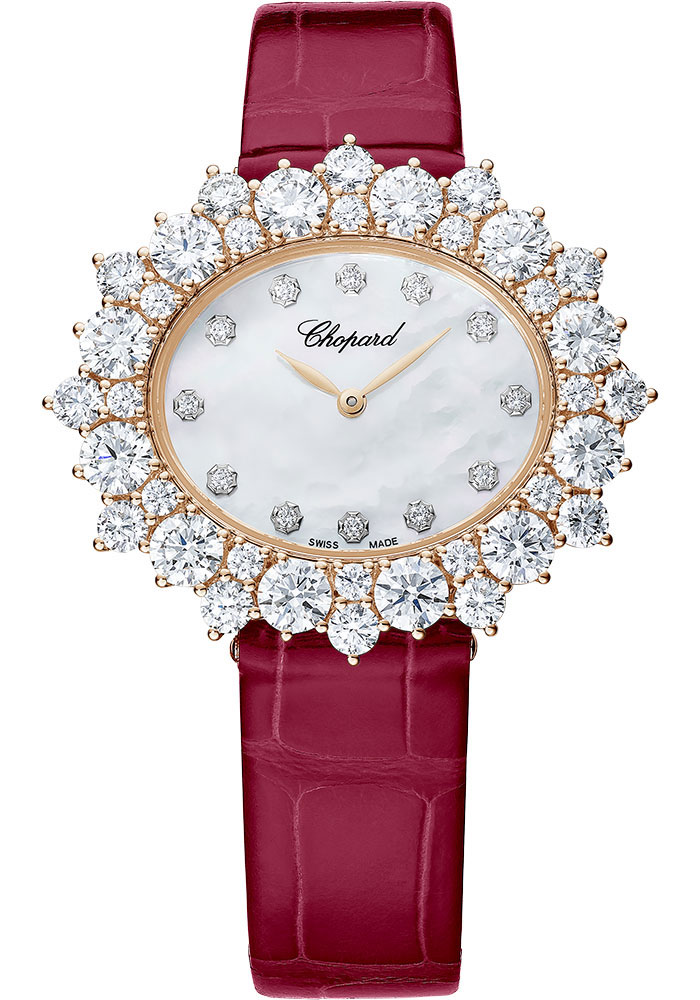 Chopard L'Heure Du Diamant Rose Gold 36 MM - Red Leather Strap - Diamond Bezel - Mother-Of-Pearl Dial - @13A390-5100