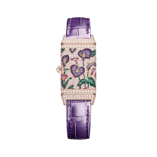 JLC - Reverso One Precious Flowers - Limited Edition - 40 MM x 20 MM - Pink Gold - Mother-Of-Pearl Dial - Diamond-Set Case - Purple Leather Strap - Q3292435