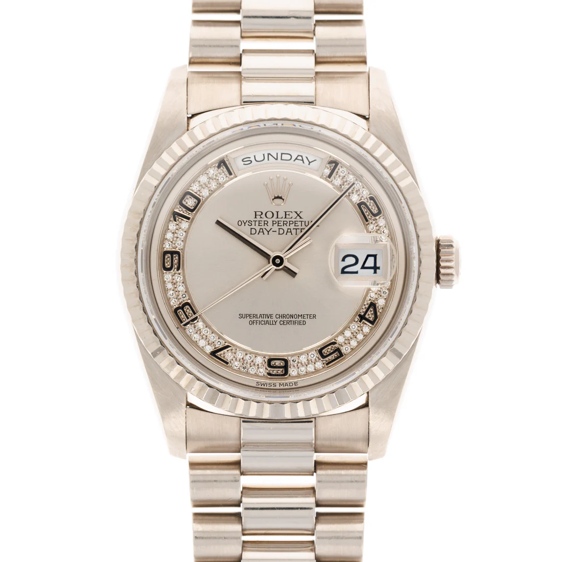 Rolex Day-Date - 36 MM - White Gold - Silver Diamond Dial - 18238 sld nyc watcher nyc watches