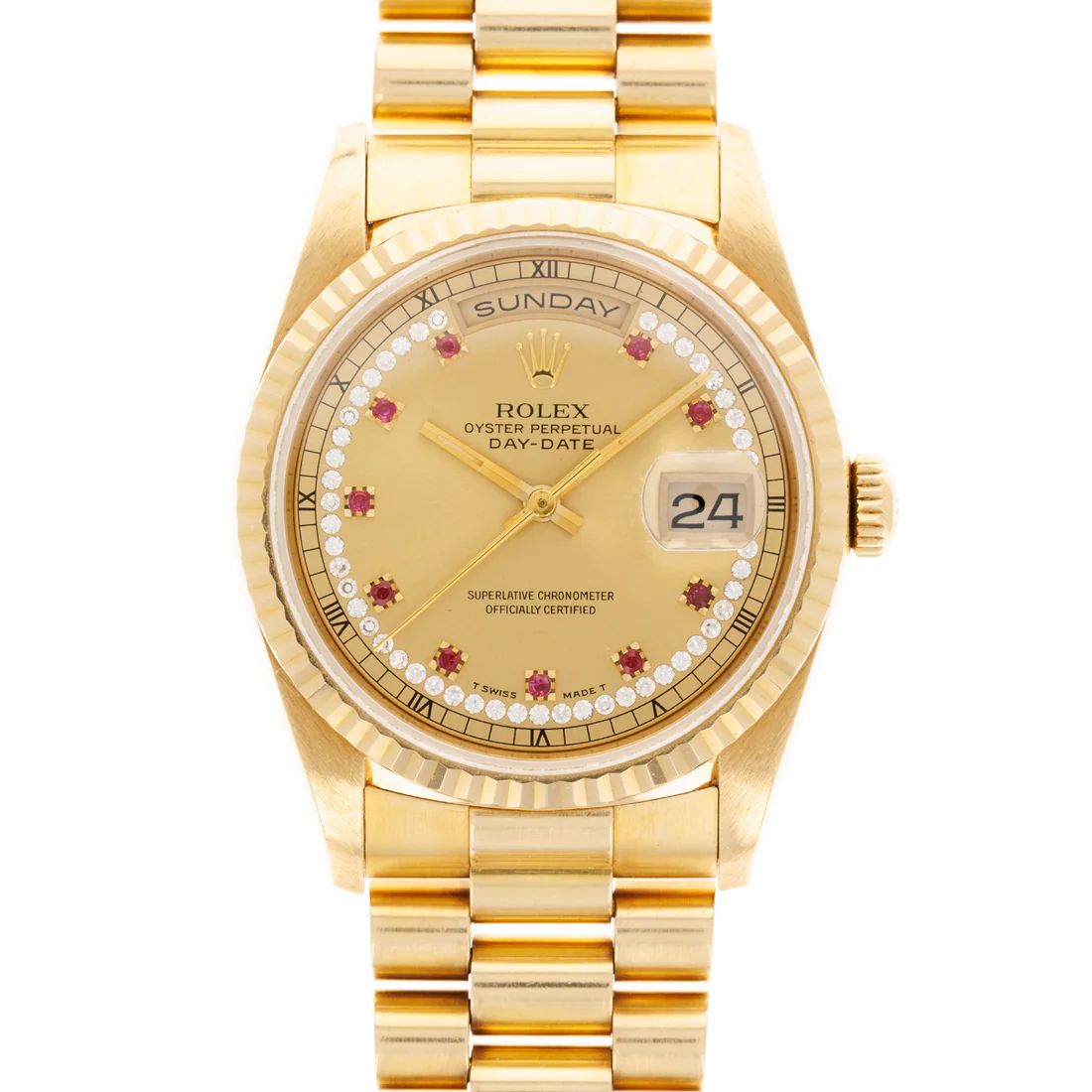 Rolex Day-Date - 36 MM - Yellow Gold - Champagne Ruby Dial - 18238 chr nyc watcher nyc watches