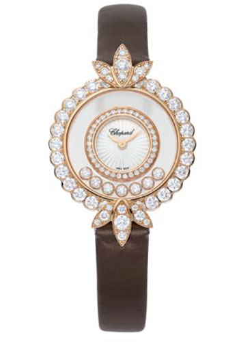Chopard Happy Diamonds Rose Gold 29.35 MM - Brown Leather Strap - Diamond Bezel - Mother-Of-Pearl Dial - 209424-5004
