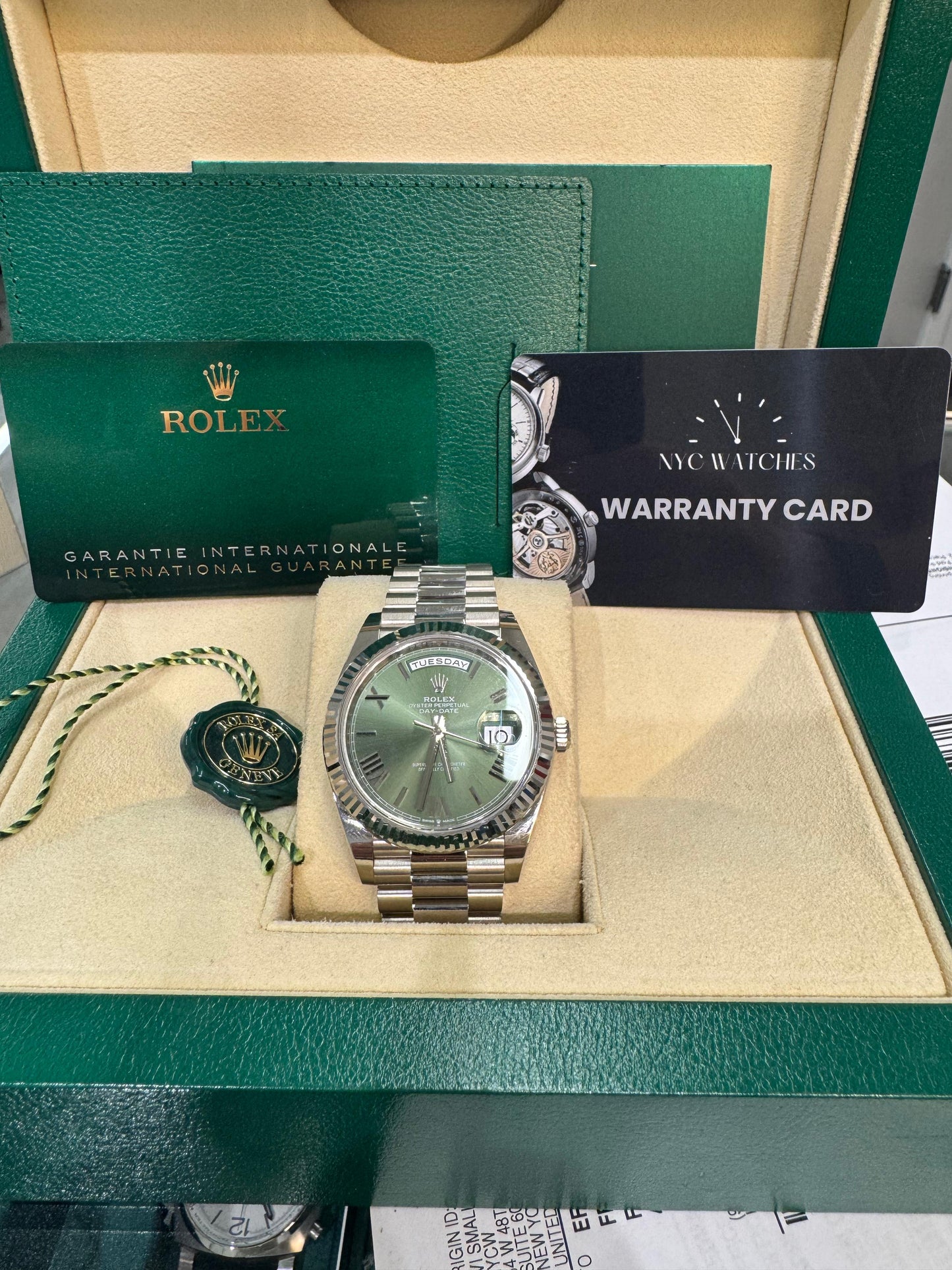 Rolex Presidential White Gold Day-Date 40MM - President Bracelet Watch - Olive Green Bevelled Roman Dial - 228239 ogrp