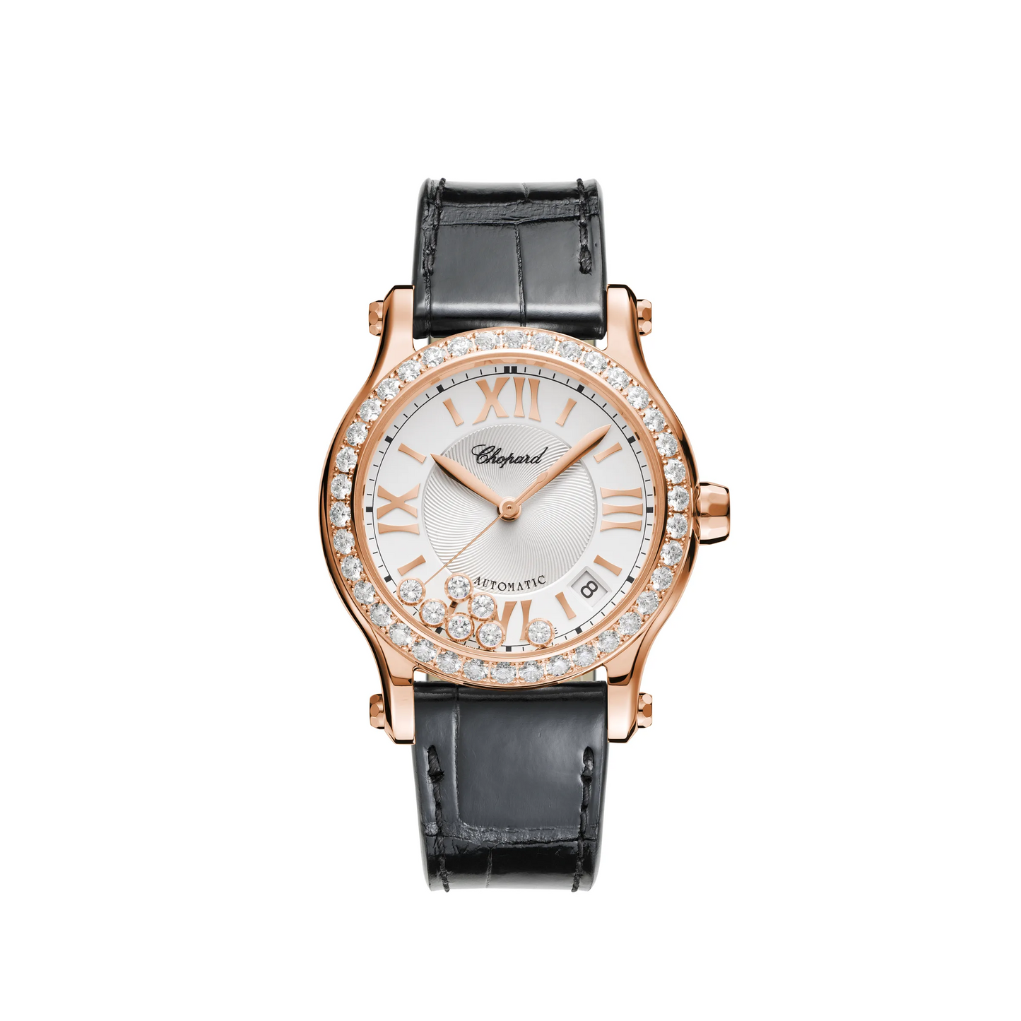 Chopard Happy Sport Rose Gold 36 MM - Black Leather Strap - Diamond Bezel - White Diamond Dial - 274808-5003
