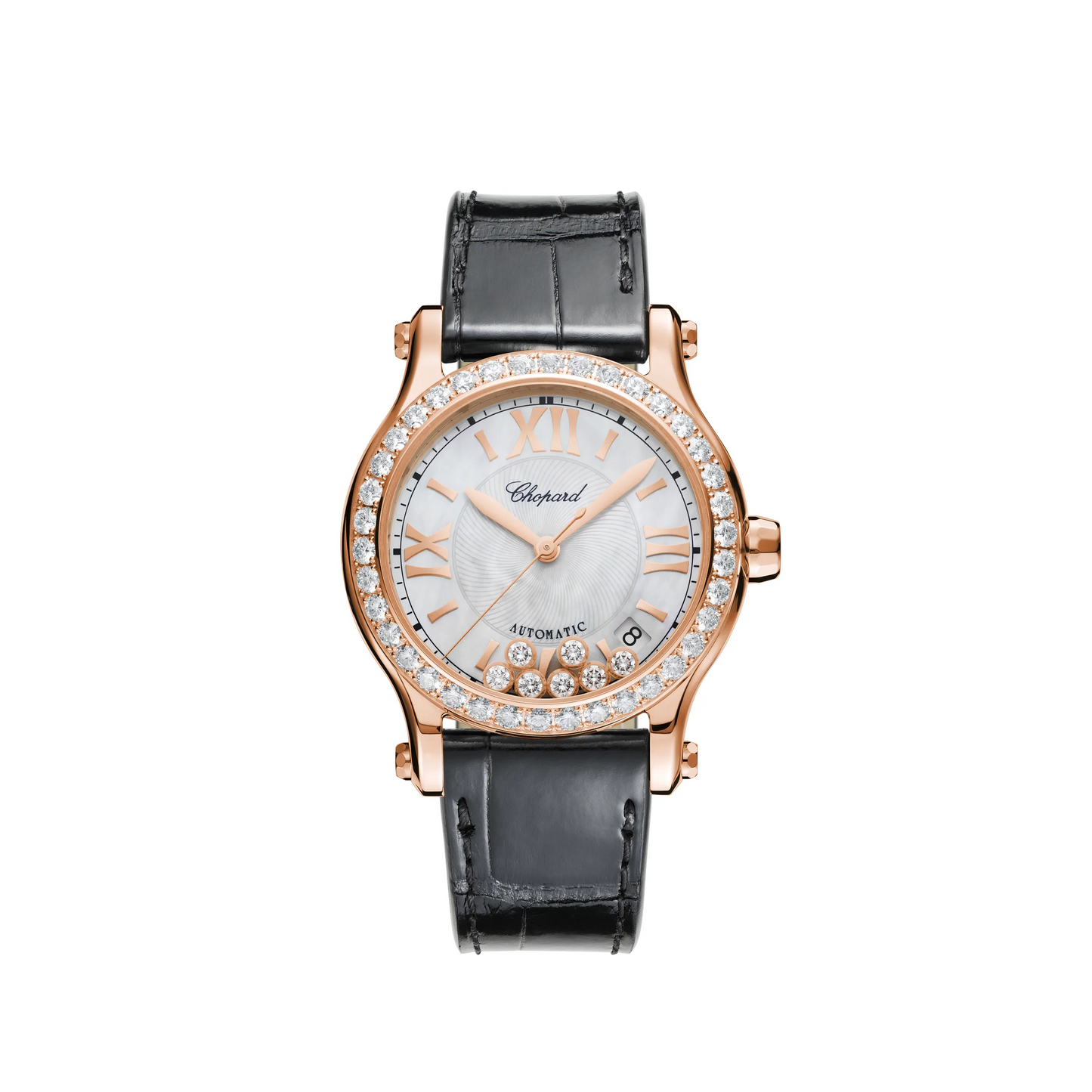 Chopard Happy Sport Rose Gold 36 MM - Black Leather Strap - Diamond Bezel - White Diamond Dial - 274808-5006