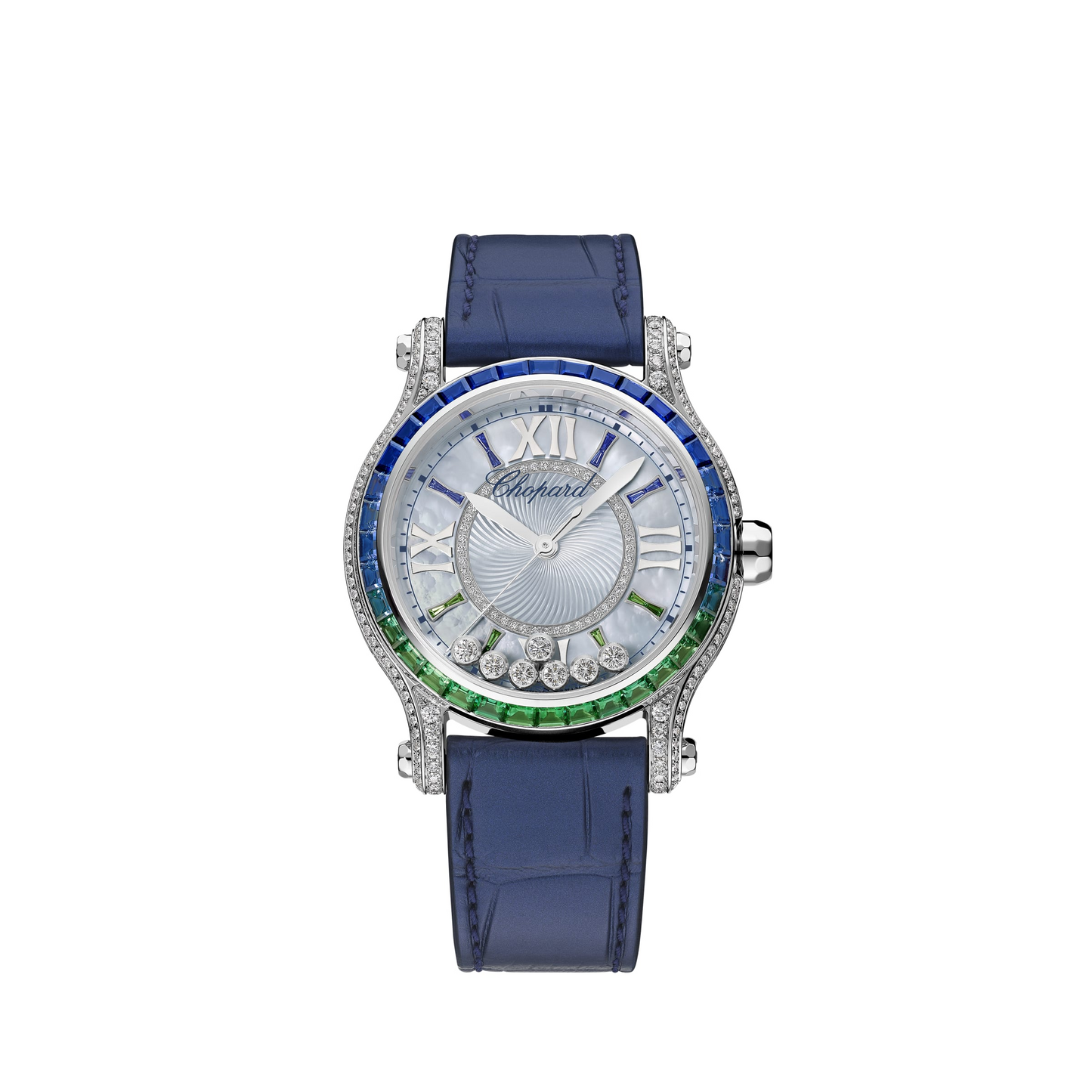 Chopard Happy Sport White Gold 36 MM - Blue Leather Strap - Diamond Bezel - Silver Diamond Dial - 274891-1027