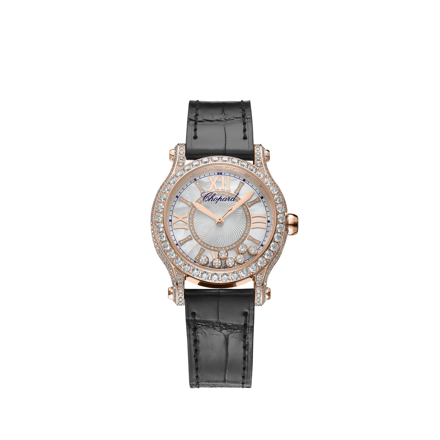 Chopard Happy Sport Rose Gold 36 MM - Black Leather Strap - Diamond Bezel - Silver Diamond Dial - 274891-5009