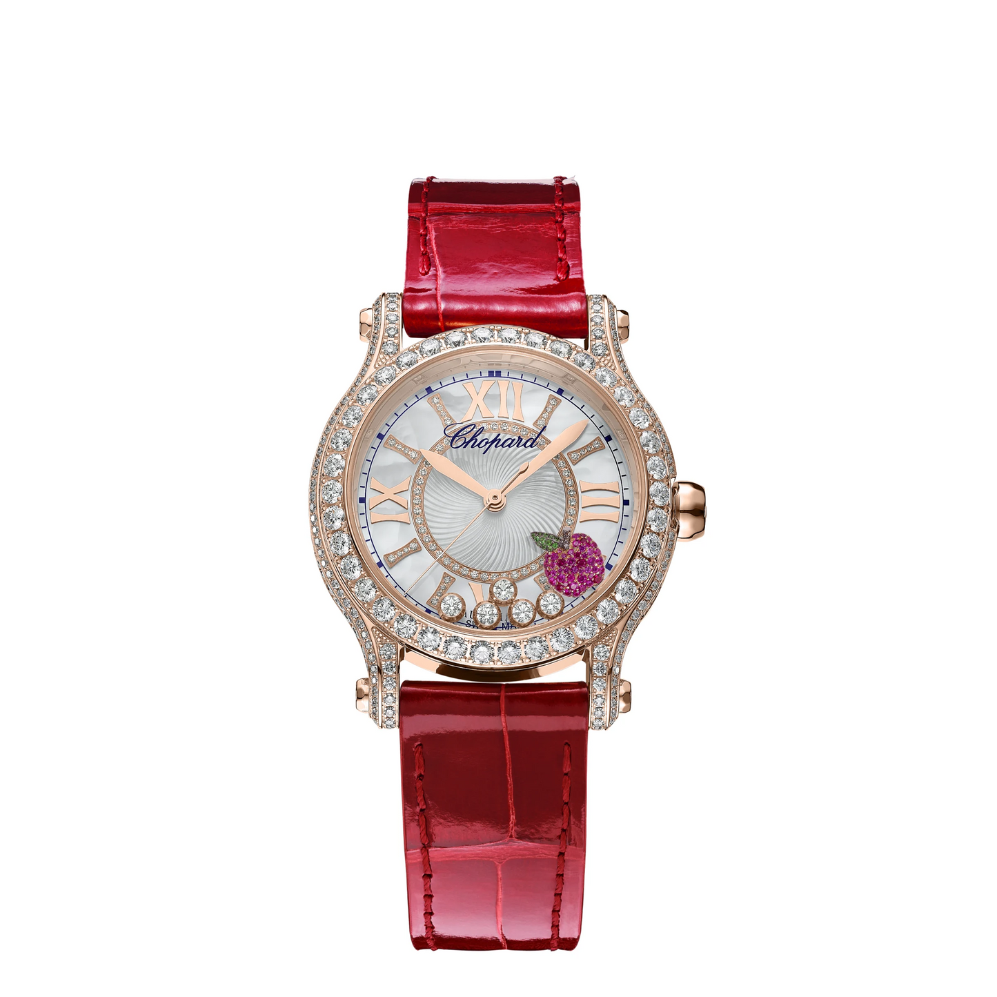 Chopard Happy Sport Rose Gold 36 MM - Red Leather Strap - Diamond Bezel - White Diamond Dial - 274891-5024