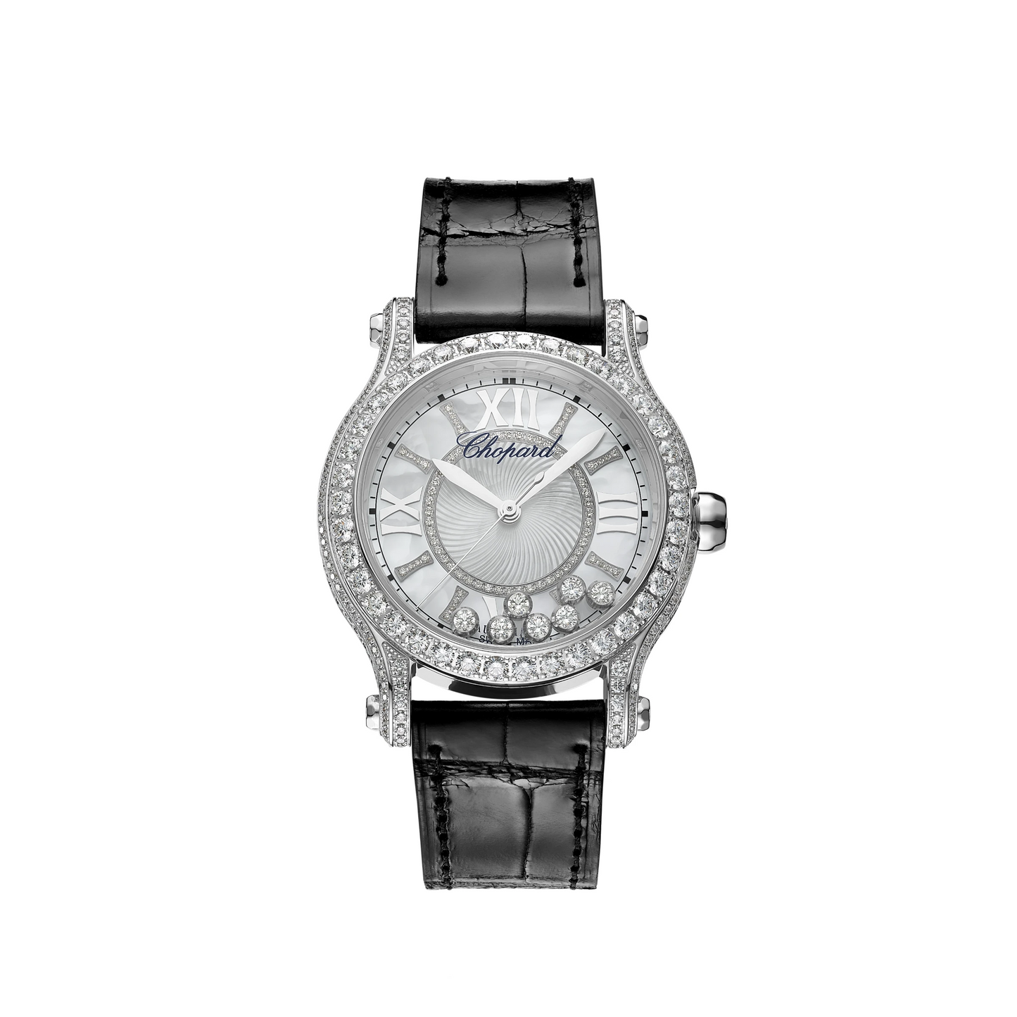 Chopard Happy Sport White Gold 36 MM - Black Leather Strap - Diamond Bezel - Silver Diamond Dial - 274891-1008