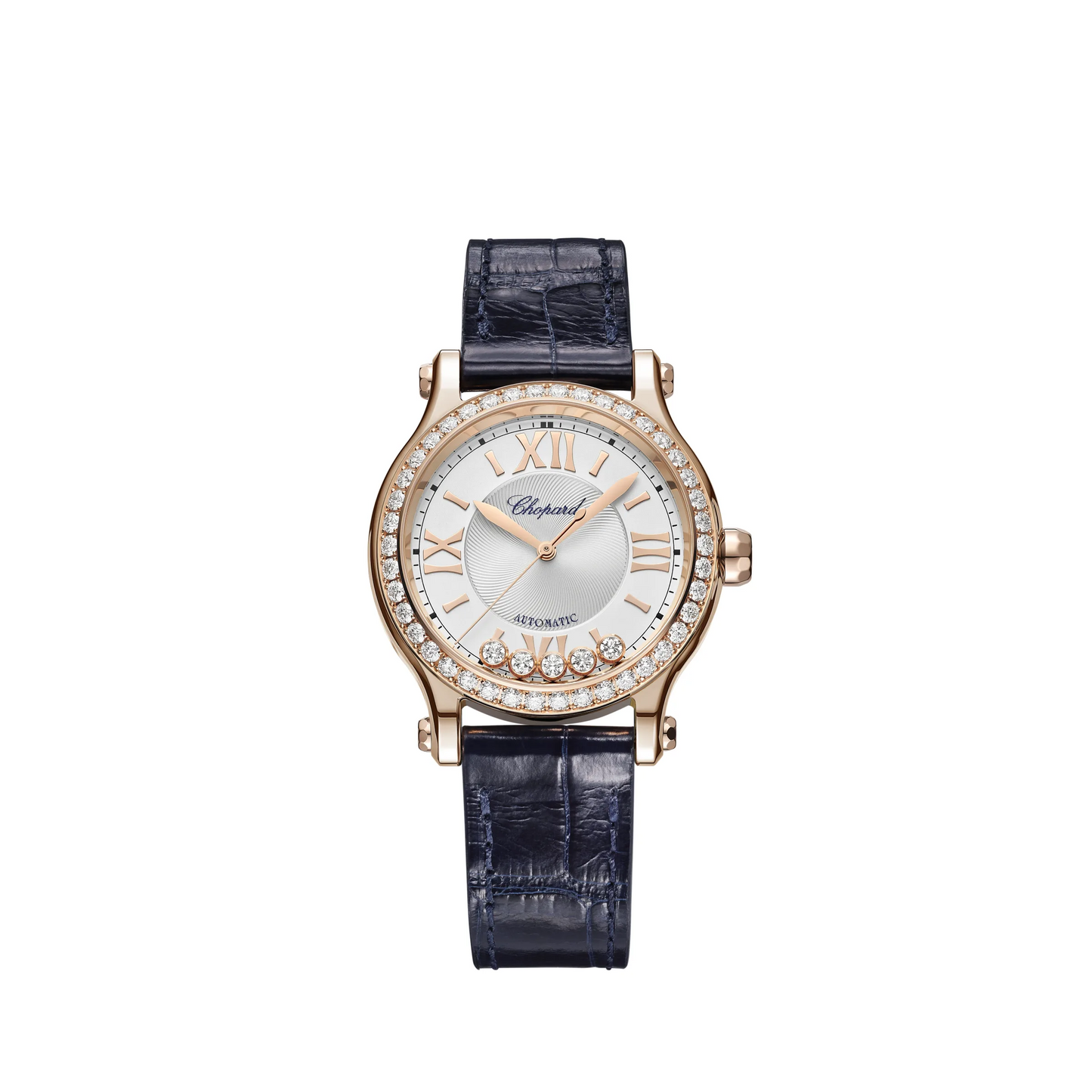 Chopard Happy Sport Rose Gold 33 MM - Blue Leather Strap - Diamond Bezel - White Diamond Dial - 275378-5003