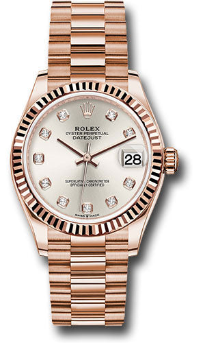 Rolex Everose Gold Datejust - 31 MM - President Bracelet - Fluted Bezel - Silver Diamond Dial - 278275 sdp