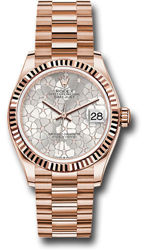 Rolex Everose Gold Datejust - 31 MM - President Bracelet - Fluted Bezel - Silver Floral Motif Diamond Dial - 278275 sflomdp