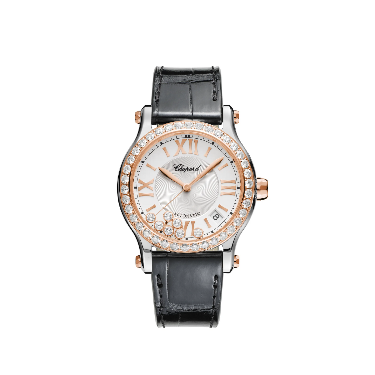 Chopard Happy Sport Rose Gold and Stainless Steel 36 MM - Black Leather Strap - Diamond Bezel - White Diamond Dial - 278559-6003