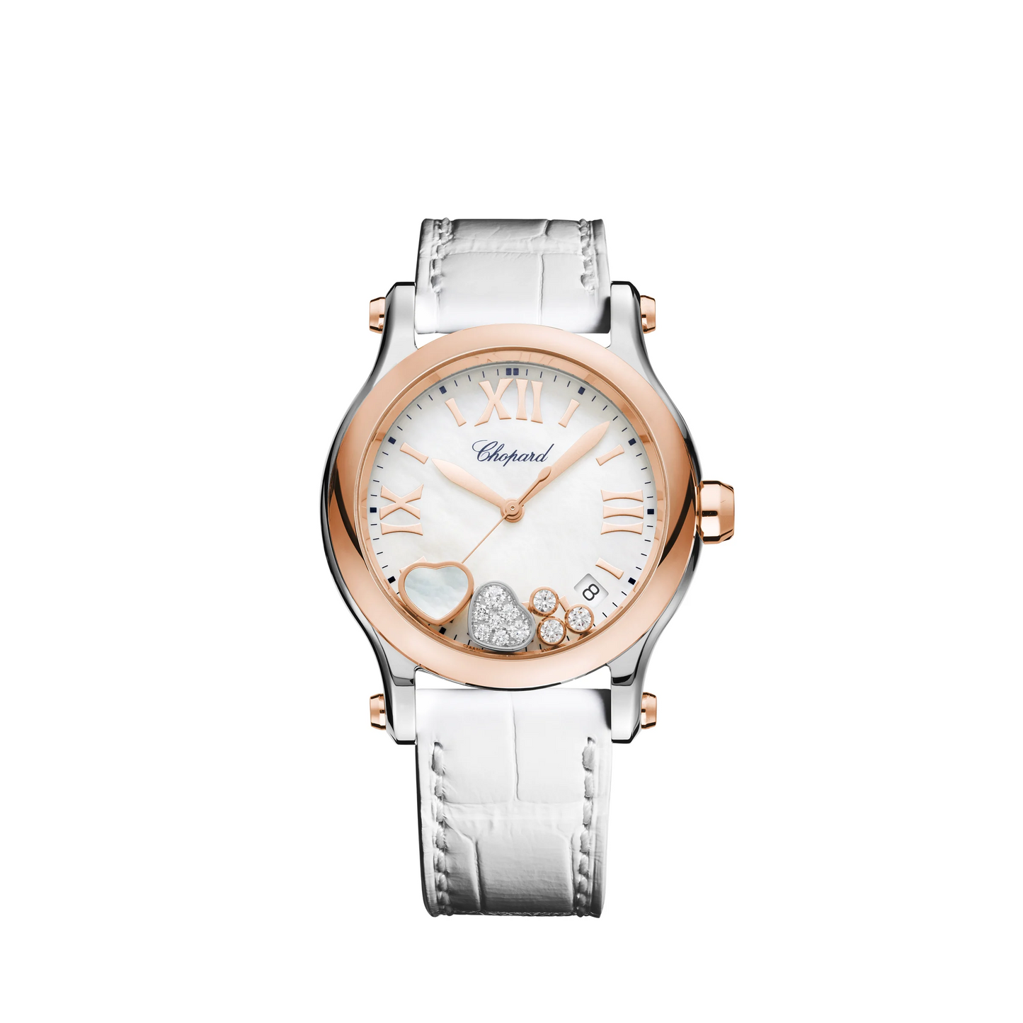 Chopard Happy Sport Stainless Steel and Rose Gold 36 MM - White Leather Strap - Mother-of-pearl Diamond Dial - 278582-6009
