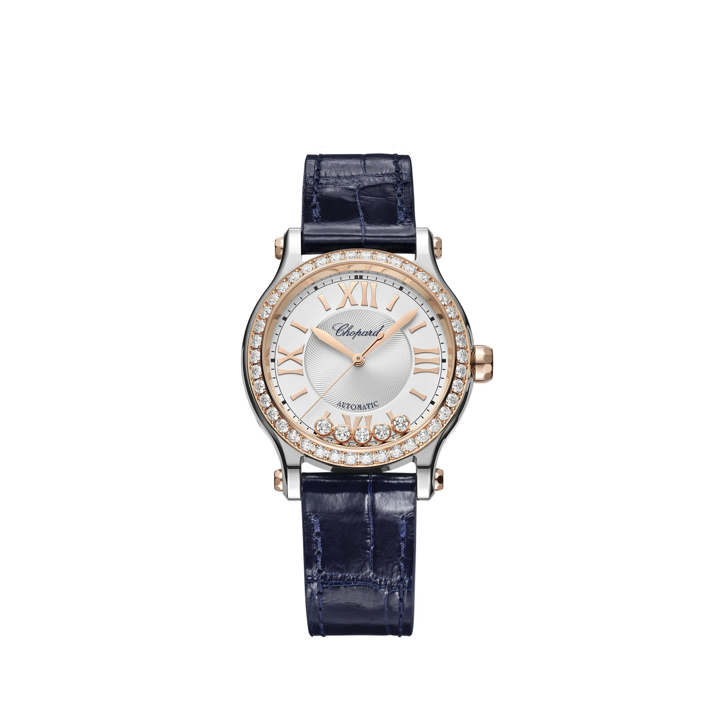 Chopard Happy Sport Stainless Steel and Rose Gold 33 MM - Blue Alligator Strap - Diamond Bezel - White Diamond Dial - 278608-6003