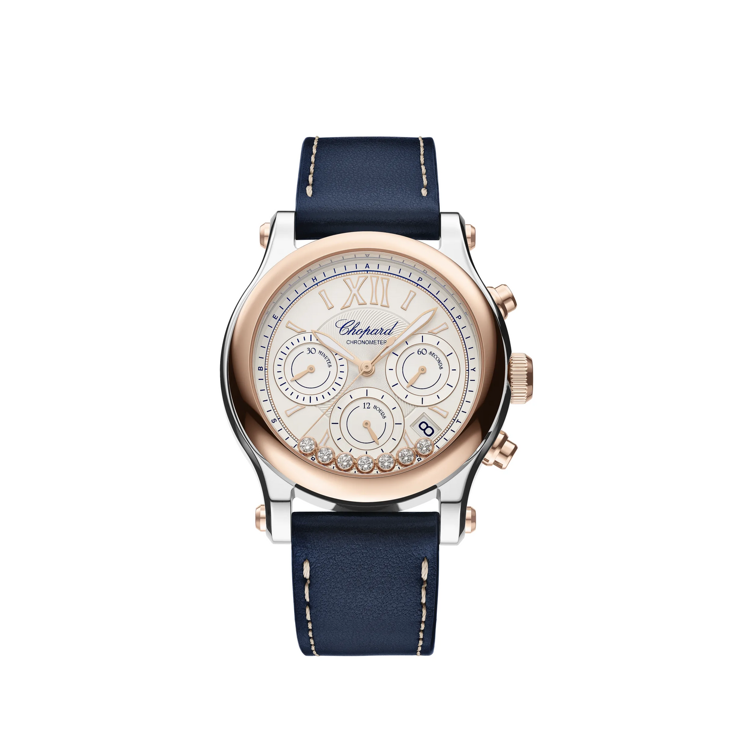 Chopard Happy Sport Stainless Steel and Rose Gold 40 MM - Blue Leather Strap - Diamond Bezel - White Diamond Dial - 278615-6001