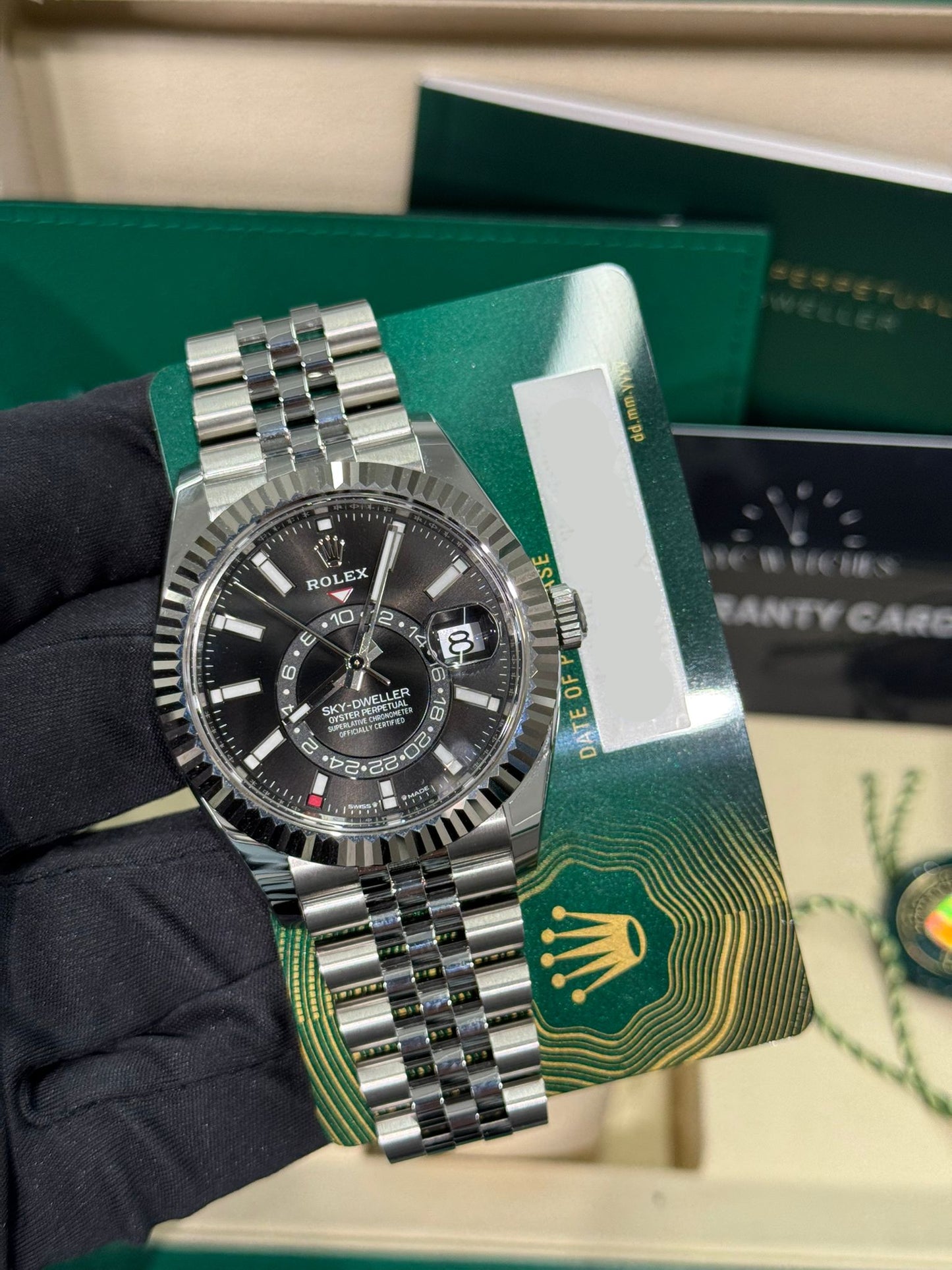 Rolex Stainless Steel and White Gold Sky Dweller Watch - 42 MM - Jubilee Bracelet - Fluted Ring Command Bezel - Black Index Dial - 336934 bkij