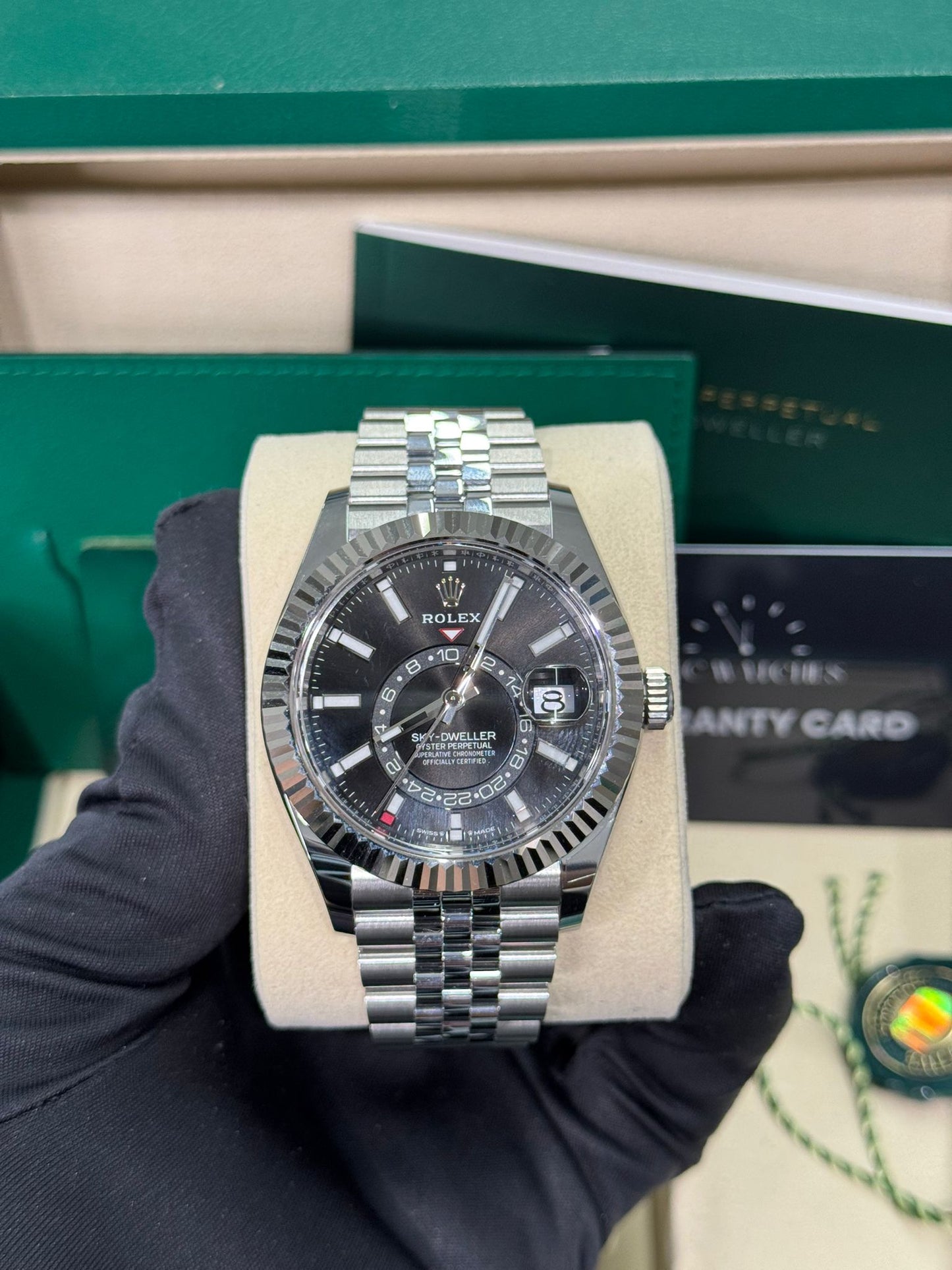 Rolex Stainless Steel and White Gold Sky Dweller Watch - 42 MM - Jubilee Bracelet - Fluted Ring Command Bezel - Black Index Dial - 336934 bkij