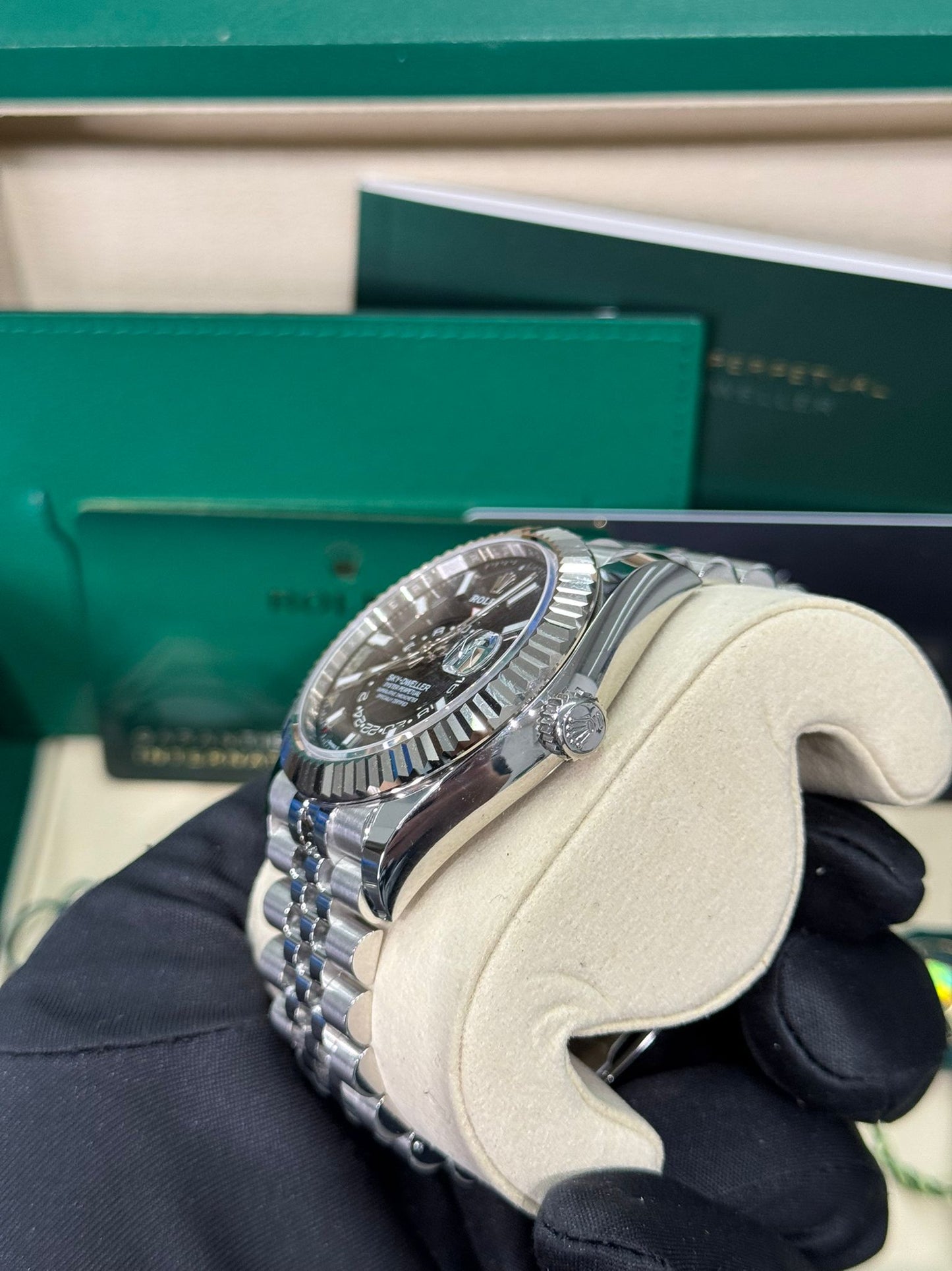 Rolex Stainless Steel and White Gold Sky Dweller Watch - 42 MM - Jubilee Bracelet - Fluted Ring Command Bezel - Black Index Dial - 336934 bkij