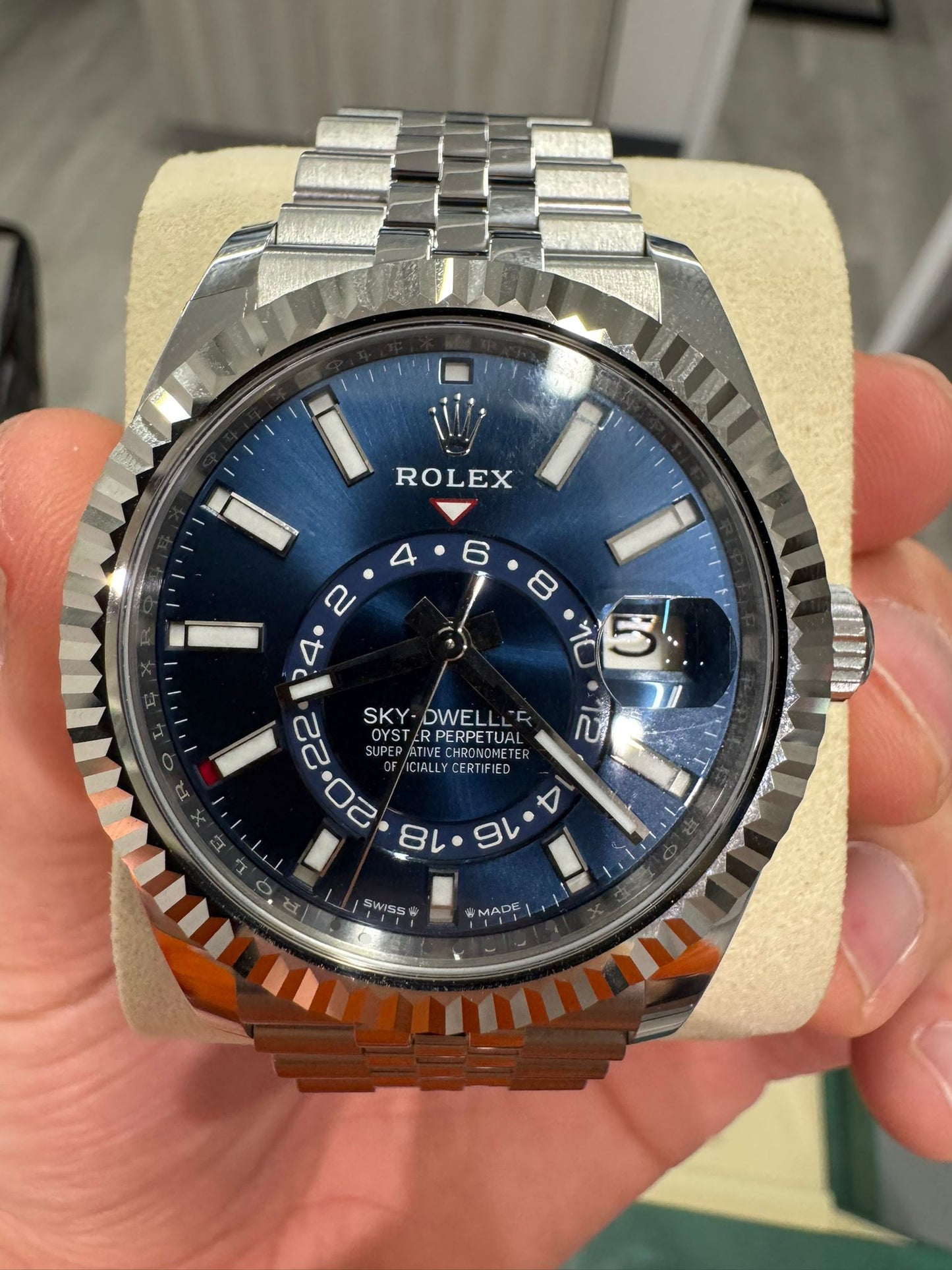 Rolex Stainless Steel and White Gold Sky Dweller Watch - 42 MM - Jubilee Bracelet - Fluted Ring Command Bezel - Blue Index Dial - 336934 blij