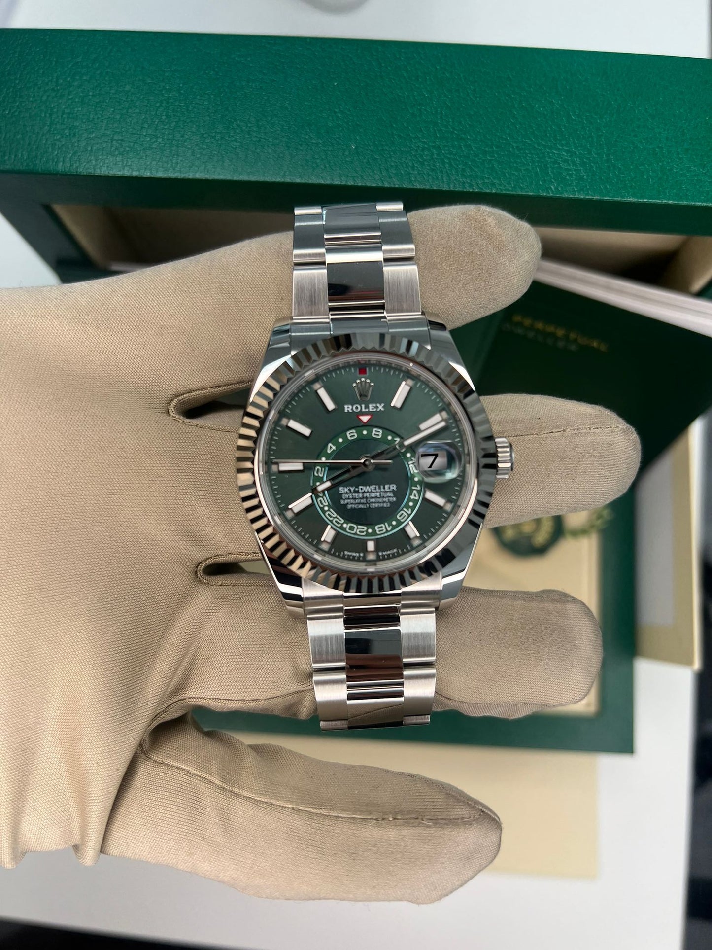 Rolex Stainless Steel and White Gold Sky Dweller Watch - 42 MM - Oyster Bracelet - Fluted Bezel - Mint Green Index Dial - 336934 mgio