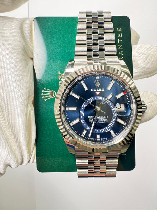 Rolex Stainless Steel and White Gold Sky Dweller Watch - 42 MM - Jubilee Bracelet - Fluted Ring Command Bezel - Blue Index Dial - 336934 blij
