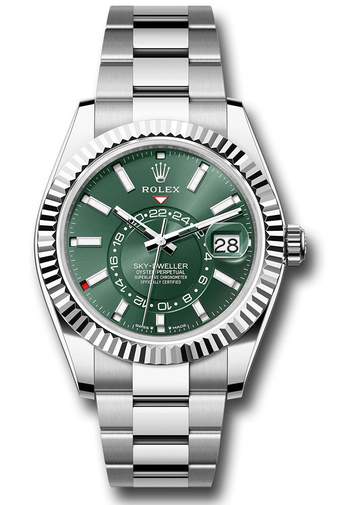 Rolex Stainless Steel and White Gold Sky Dweller Watch - 42 MM - Oyster Bracelet - Fluted Bezel - Mint Green Index Dial - 336934 mgio