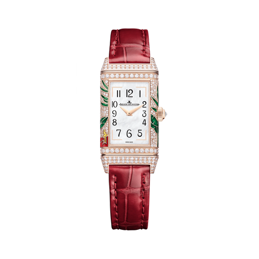 JLC - Reverso One "Hibiscus Rosa" Limited Edition - 40 MM x 20 MM - Rose Gold - Mother-Of-Pearl Dial - Diamond-Set Case - Red Leather Strap - Q3292425