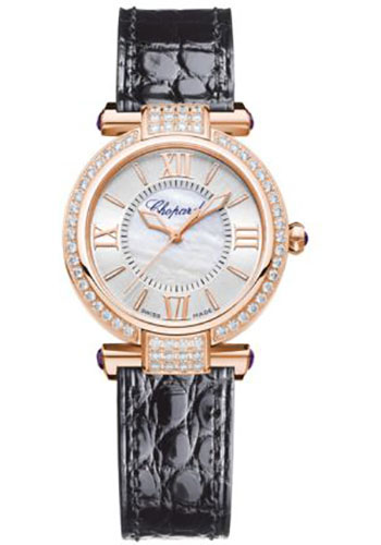 Chopard Imperiale Rose Gold 29 MM - Black Leather Strap - Diamond Bezel - Silver Dial - 384319-5007