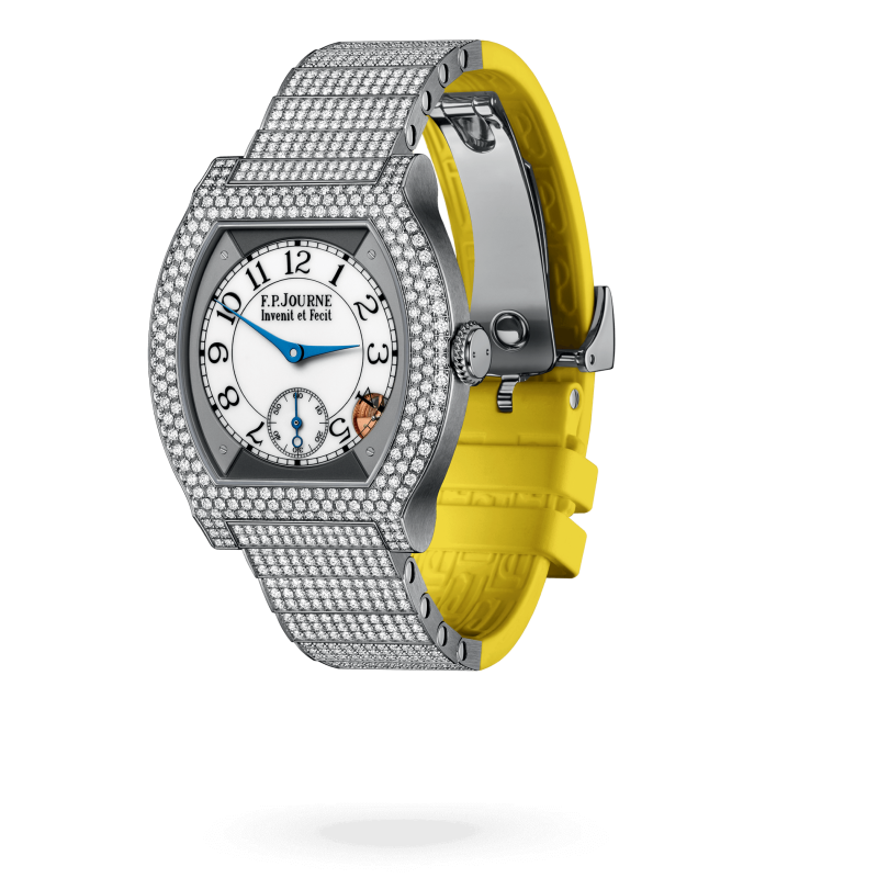 F.P. Journe Elégante Titanium with 12 rows of diamonds and set bracelet Titanium 40 x 35 MM - Titanium Diamond Bracelet And Yellow Rubber Strap - Diamond Bezel - White Dial - Titanium with 12 rows of diamonds and set bracelet nyc watcher nyc watches