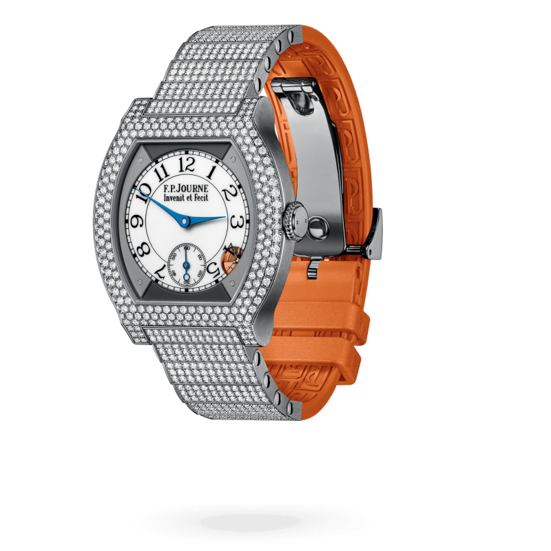 F.P. Journe Elégante Titanium with 12 rows of diamonds and set bracelet Titanium 40 x 35 MM - Titanium Diamond Bracelet And Orange Rubber Strap - Diamond Bezel - White Dial - Titanium with 12 rows of diamonds and set bracelet nyc watcher nyc watches