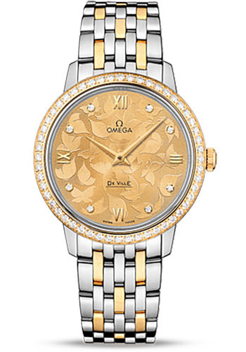 Omega De Ville Stainless Steel and Yellow Gold 32.7 MM - Stainless Steel and Yellow Gold Bracelet - Diamond Bezel - Champagne Diamond Dial - 424.25.33.60.58.001 nyc watcher nyc watches
