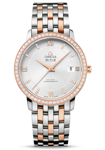Omega De Ville Stainless Steel and Rose Gold 36.8 MM - Stainless Steel and Rose Gold Bracelet - Diamond Bezel - Silver Diamond Dial - 424.25.37.20.52.001