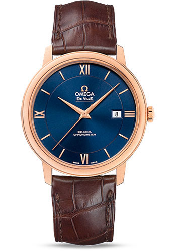Omega De Ville Rose Gold 39.5 MM - Brown Leather Strap - Blue Dial - 424.53.40.20.03.002 nyc watcher nyc watches