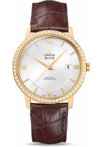 Omega De Ville Yellow Gold 39.5 MM - Brown Leather Strap - Diamond Bezel - Silver Diamond Dial - 424.58.40.20.52.001 nyc watcher nyc watches